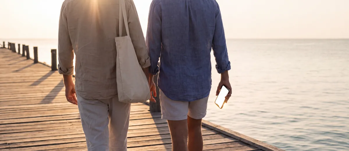 Two guests walking out along a wooden jetty at half past seven in the morning, the excursion already booked on the phone at one side.