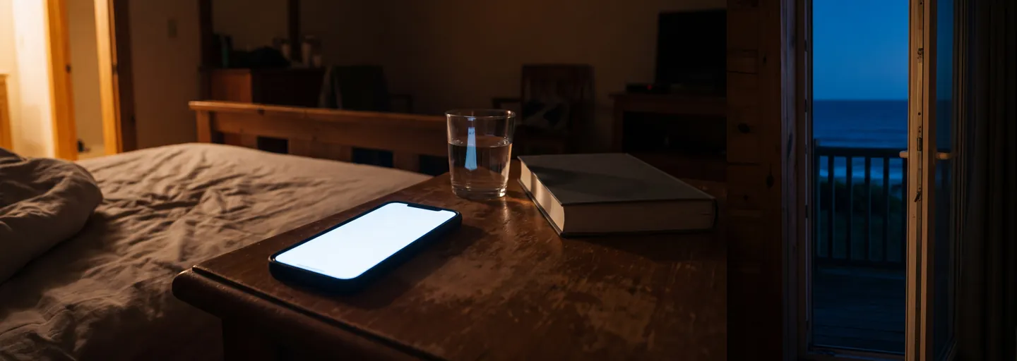A bedside table at two in the morning, the room dark, the only light the phone lying face up on it, the guest question already answered on the screen.
