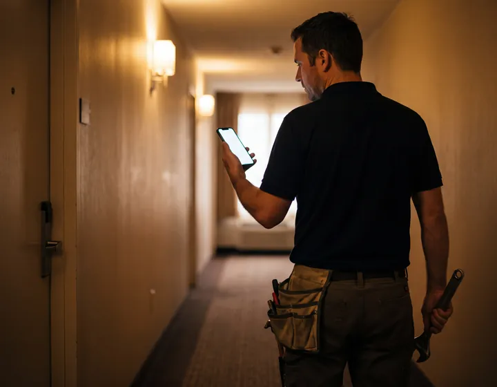 A service corridor at two minutes past two, David from maintenance stopped mid stride reading the job on his phone, wrench in the other hand.